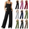 Women's Fashionable Casual Plain-Coloured -Neck Wrap-Around Wide-Leg Loose-Fit Jumpsuit