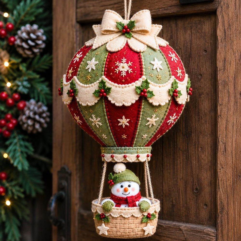 Vintage Christmas Hot Air Balloon Kit with Bell Bow Snowman Santa Balloon Hanging Decor Handmade Hand-Sewn Xmas Tree Pendant Kit