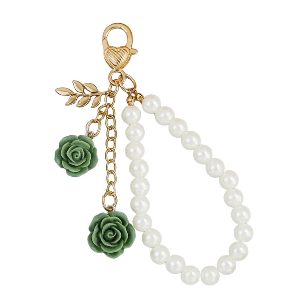 Stylish Faux Pearls and Rose Key Holder Beaded Key Chain Bag Charm Lightweight Keychain Ornament for Women Girls