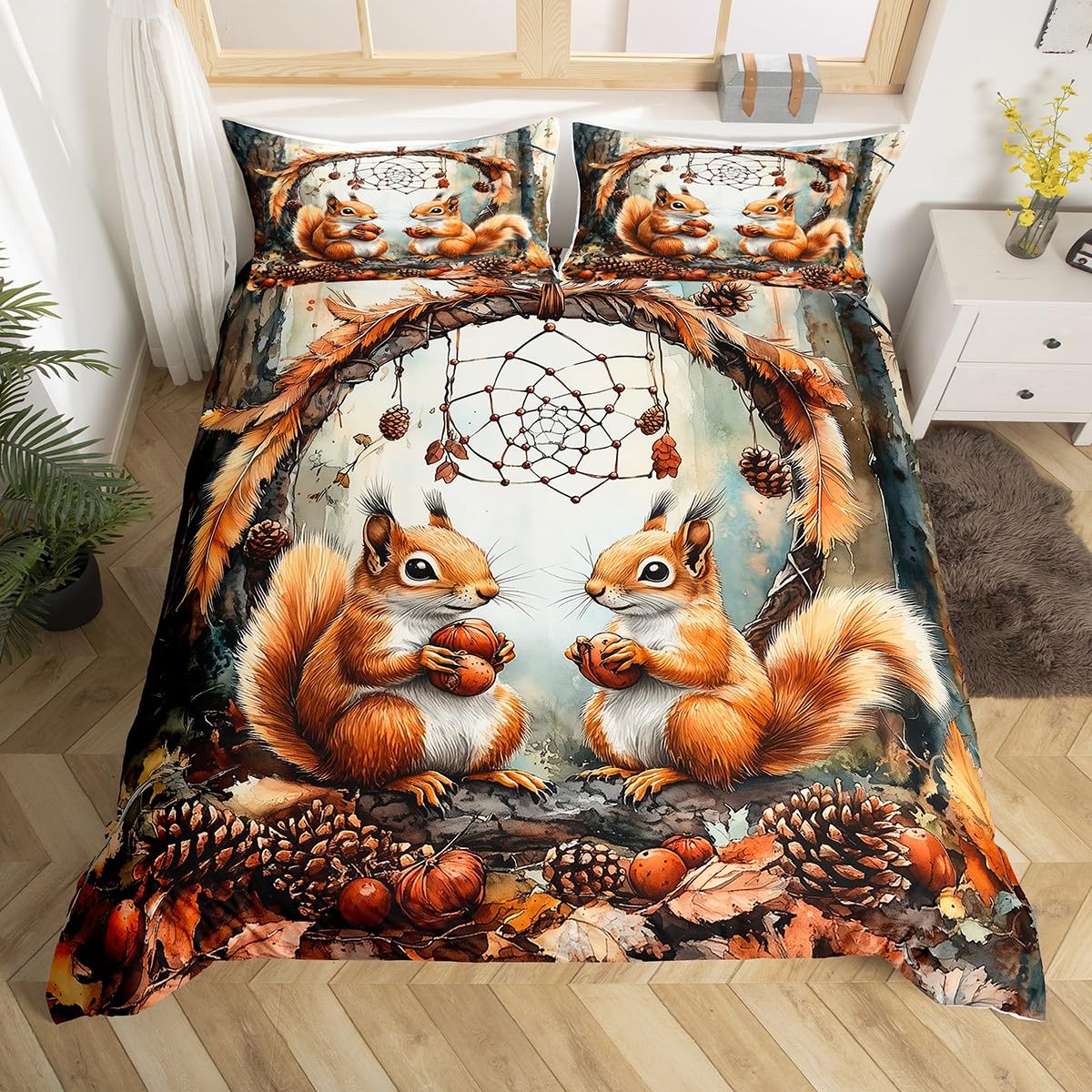 

Cute Squirrel Duvet Cover Set Queen Lovely Butterfly Mushroom Floral Comforter Cover For Girls Fall Decor Thanksgiving Day Gift EU Single(135*200cm)3pcs