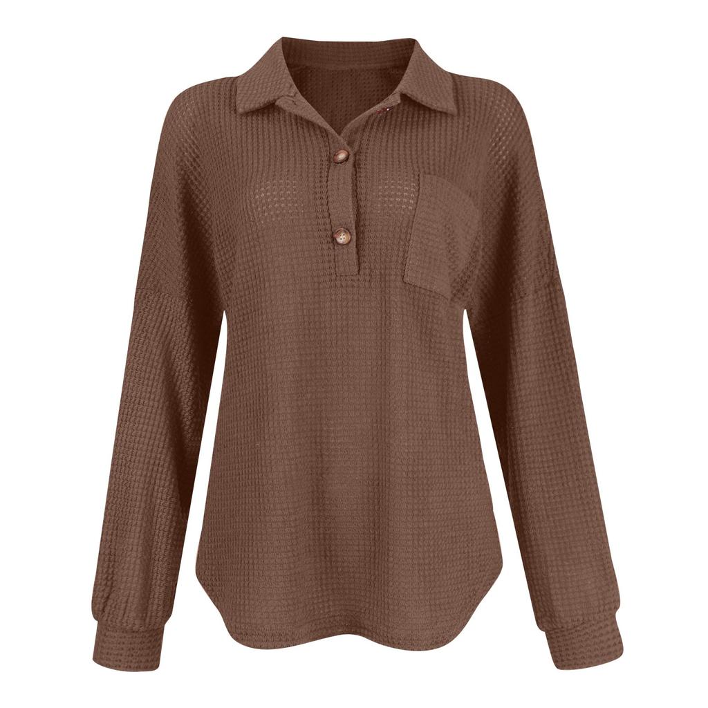 Dámský módní jednobarevný úpletový top s dlouhým rukávem, výstřihem do V, jednobarevný ležérní top tunika