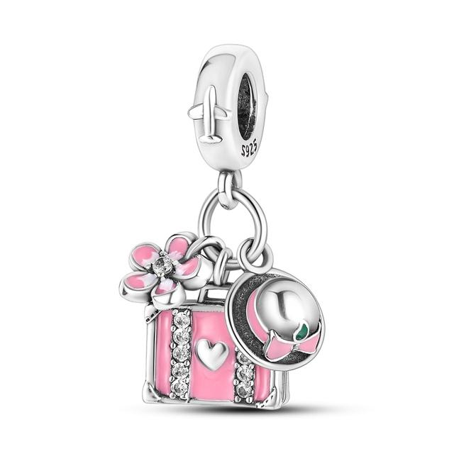925 Pure Silver Pink Series Father Butterfly Bag Flower Charm Fit for Original Bracelet DIY Women's Exquisite Jewelry