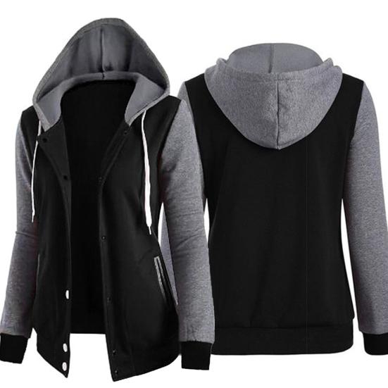 Lässige Damen Winter Colorblock Langarmjacke Knopf Kapuze Kordelzug Mantel