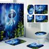 1/4 Marine Organism Shower Curtains, Toilet Seat Decoration, Shower Curtain With Carpet And Toilet Lid, 12 70.8X70.8 Inch Hooks