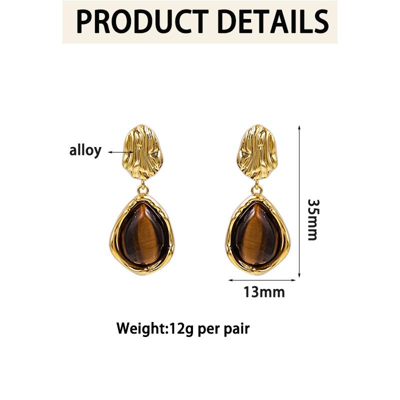 Vintage Maillard Natural Tiger Eye Stone Mosquito Coil Ear Clips Fashion Luxury Geometric Design Brown Teardrop Stud Jewelry