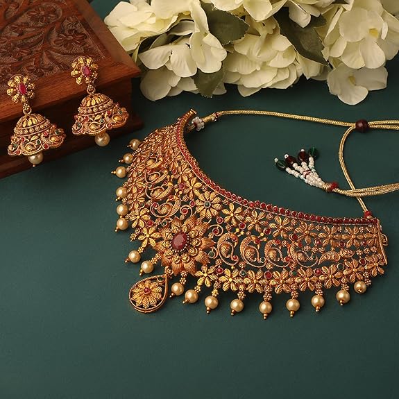 Fashion Latest Stylish Design Fancy Pearl Choker Traditional Temple Necklace Jewellery Set for Women
