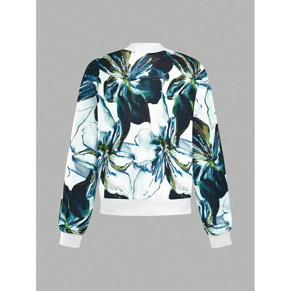 Women's Floral Print Baseball Collar Bomber Jacket Long Sleeve Zip Up Coat Outerwear