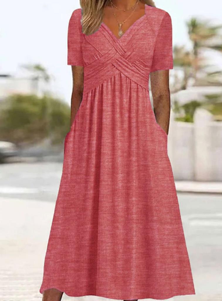 Women's Short Sleeve Midi Dress V Neck High Waist Streetwear Casual Solid Flared Long Dress With Side Pockets