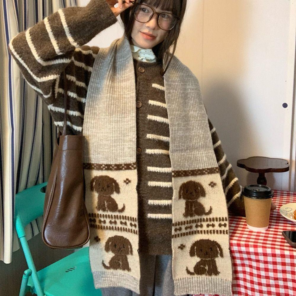 Jacquard Puppy Cycling Neckerchief Fluffy Winter Wool Scarf Cartoon Cat Knitted Scarf Winter