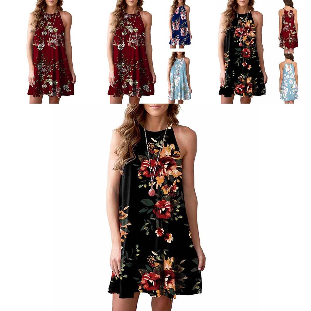 Elegant Women Fashion Splicing Color Print Hanging Neck Hem Mini Dress In Premium Quality Materials