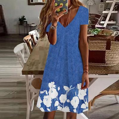 Sommermode Damen V-Ausschnitt Kurzarm Blumen bedrucktes Kleid Sex Kurzer Rock Kleider
