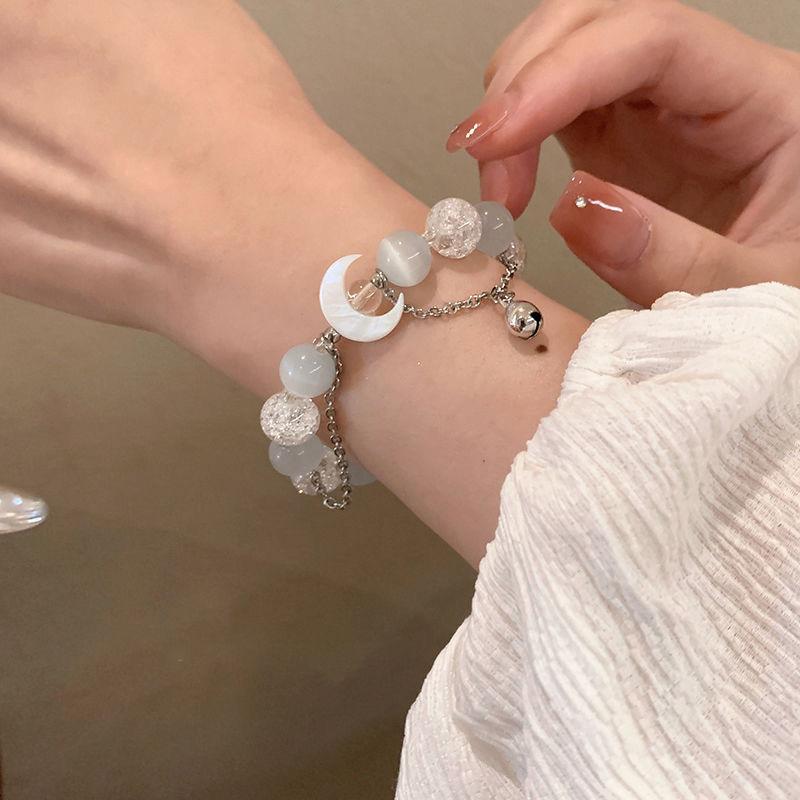 Chic Women's Bell Pendant Bracelet with Crystal Beaded White Flower Design for Outings