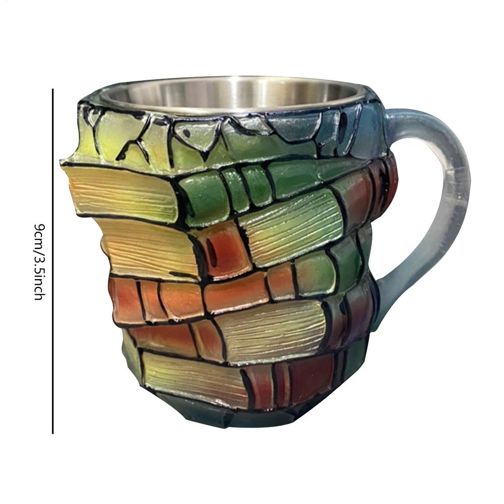 

Painted Book Mug resin+ stainless steel Novelty 3d Painted Books Coffee Mug Unique Colorful Resin Books Stack Coffee Cup 301-400ml