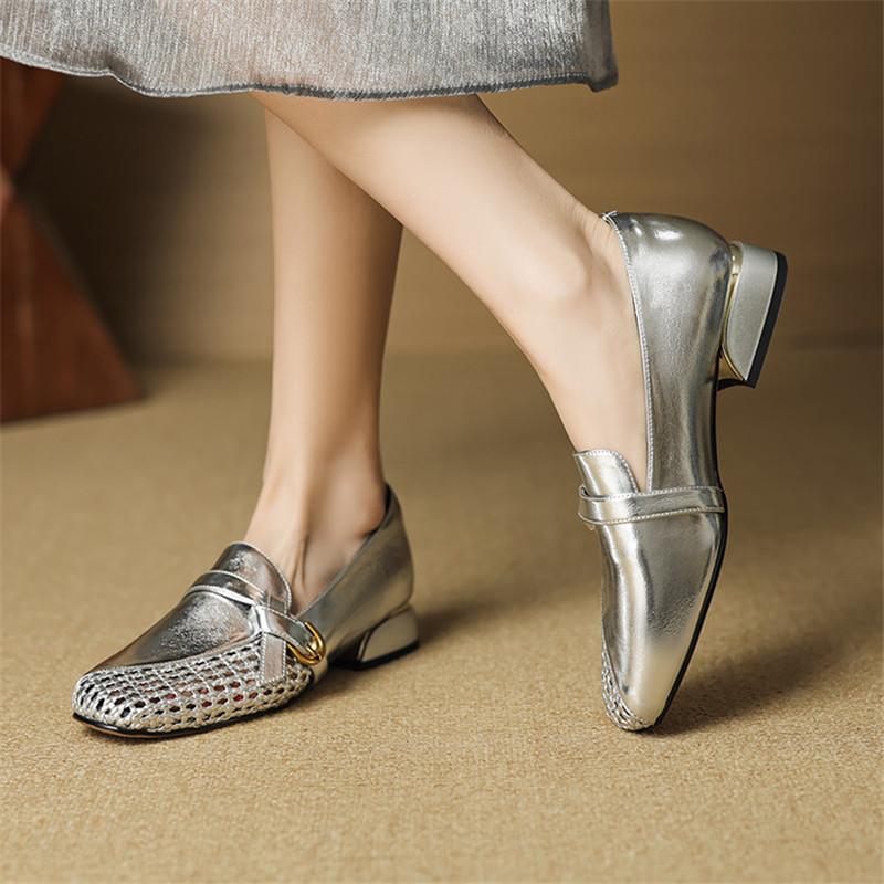 Fashion New Spring/Summer Genuine Leather Women Pumps Shoes for Women Fashion Hollow Out Square Toe Loafers Shoes Women Low Heels Ladies