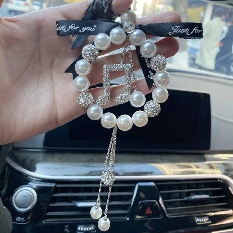Diamond Pearl Car Pendant Cute Cartoon Heart Star Tassels Rearview Mirror Ornaments Rhinestone Woman Car Decro Accessories