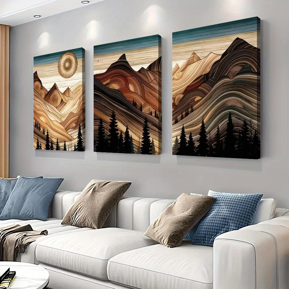 3-piece set of Nordic style natural wood texture mountain frameless canvas hanging painting modern minimalist living room decora