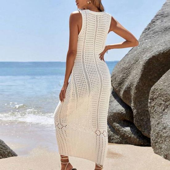 Dame Strand Cover Up Solkjole V-hals Heklet Hul Ut Maxi Kjole Strikket Justerbare Stropper Solbeskyttelse Strandklær