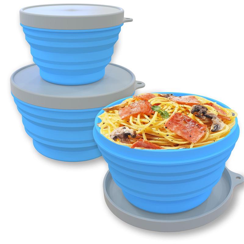 Silicone Collapsible Lunch Box Set: 3-Piece Food-Grade Microwave-Safe Bowls for Kitchen & Outdoor Use