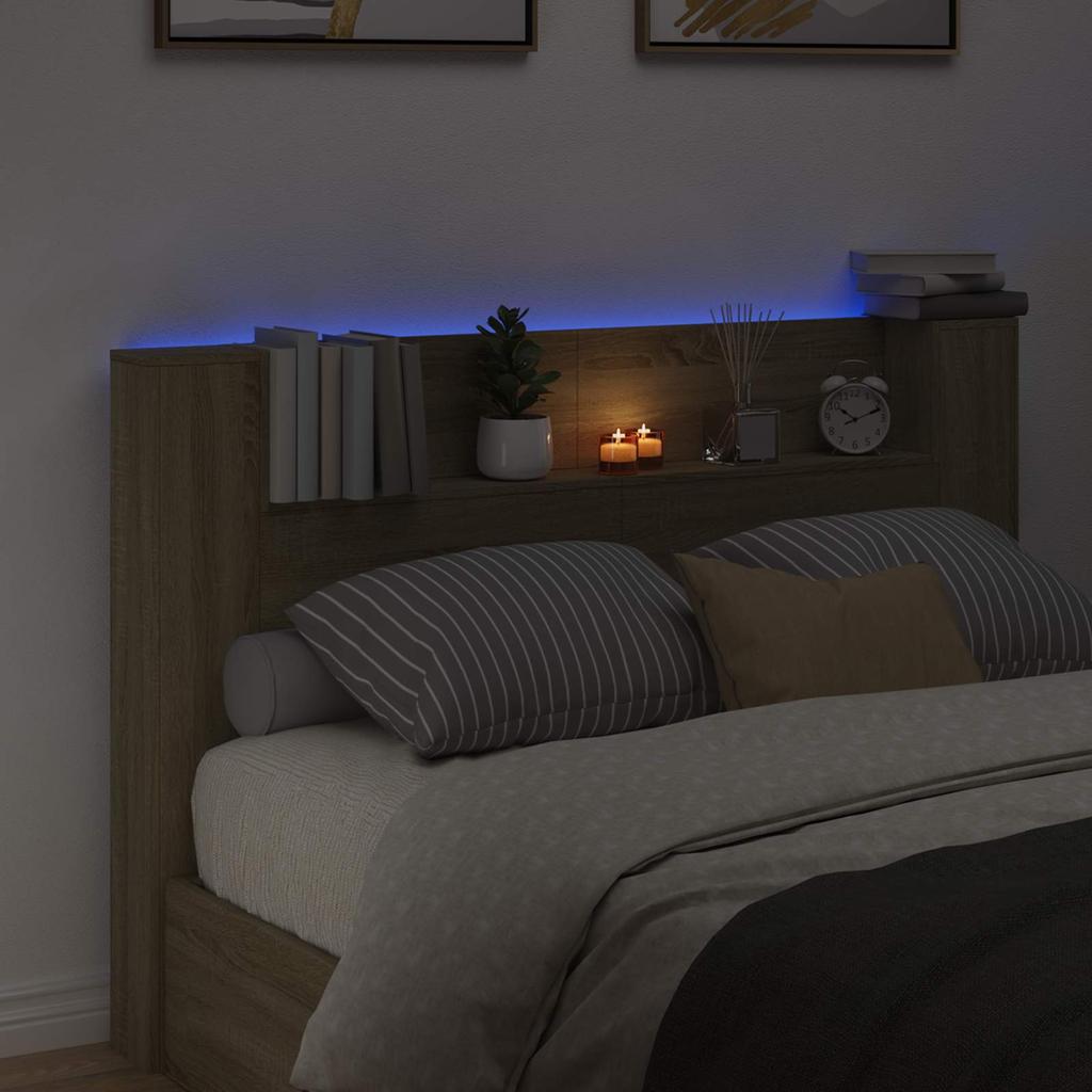 Storage Headboard with LED Lighting Sonoma Oak Wood Based Material