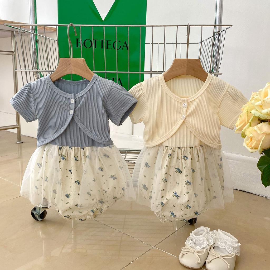 Summer Baby Girl Floral Strap Romper with Detachable Mesh Jacket Lightweight and Breathable
