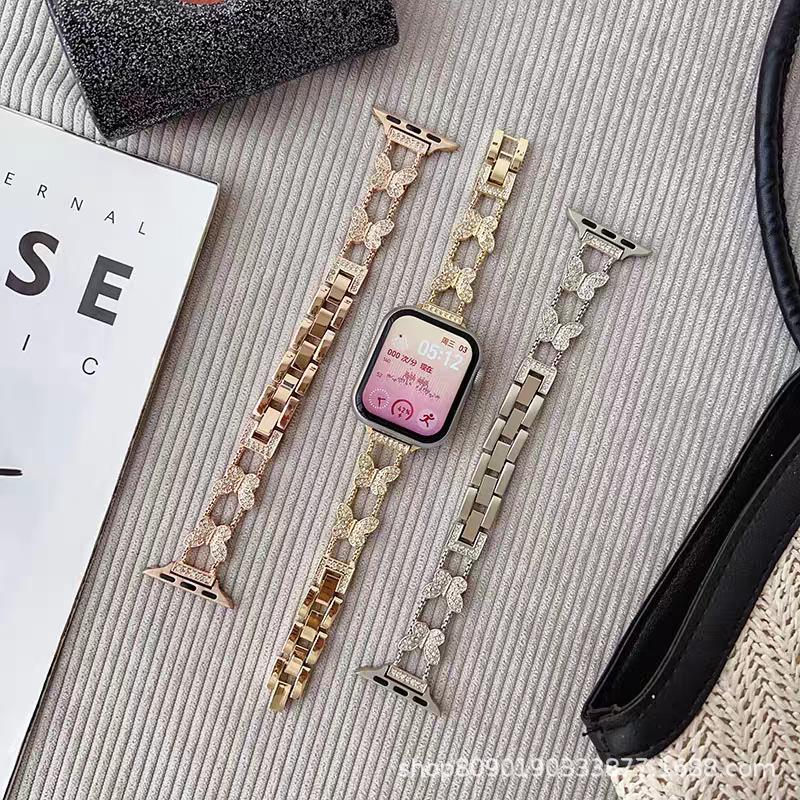 Compatible with Apple Watch 10/11 SE Slim Two-Chain Butterfly Metal Small Fragrance Style Strap