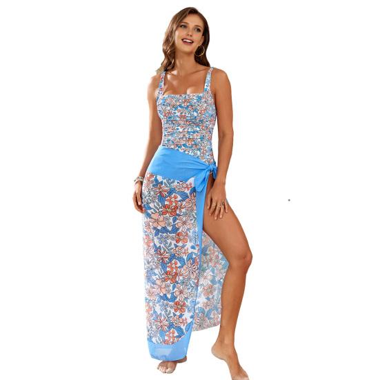 

2 шт./комплект женский слинг квадратный воротник плиссированный монокини с облегающим платьем накидка быстросохнущий принт купальник S светло-синий