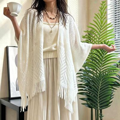 Womens Lightweight Crochet Knit Shawl With Tassels Boho Style Openwork Cape Office Room Wear