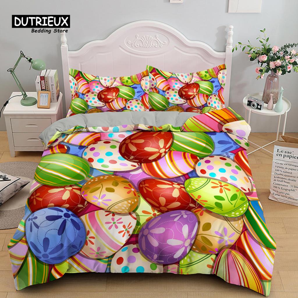 

Soft Easter Eggs Print Duvet Cover Happy Easter Cartoon Rabbit Toddler Bedding Sets Twin King Queen Size Microfiber Quilt Cover AU Single(140x210cm)