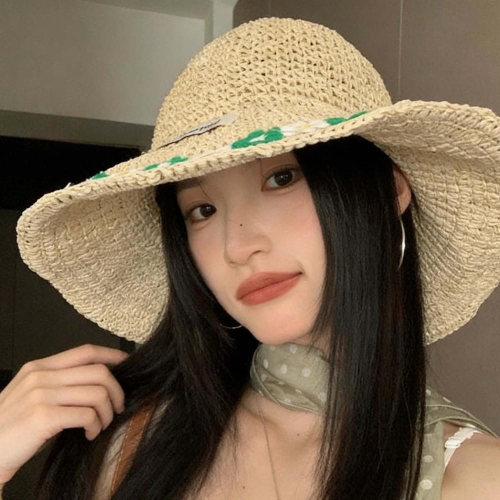 Breathable Flower Straw Hat Lace Trim Beach Hat Women Visor Bucket Hat  Seaside Vacation