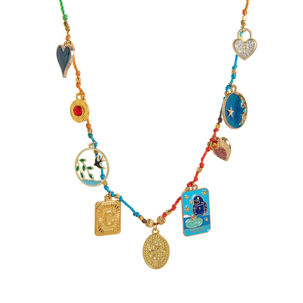 Geometric Copper Pendant Necklace With Colorful Dangle Charms For Unisex Fashion Accessory