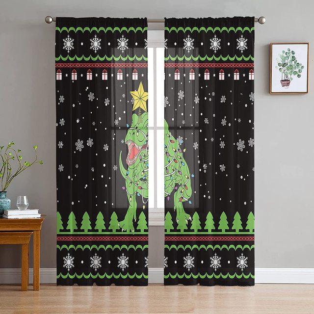 Merry Christmas Dinosaur Santa Claus Snowflake Sheer Voile Curtain Window Treatment For Living Room Party Backdrop Tulle Curtain