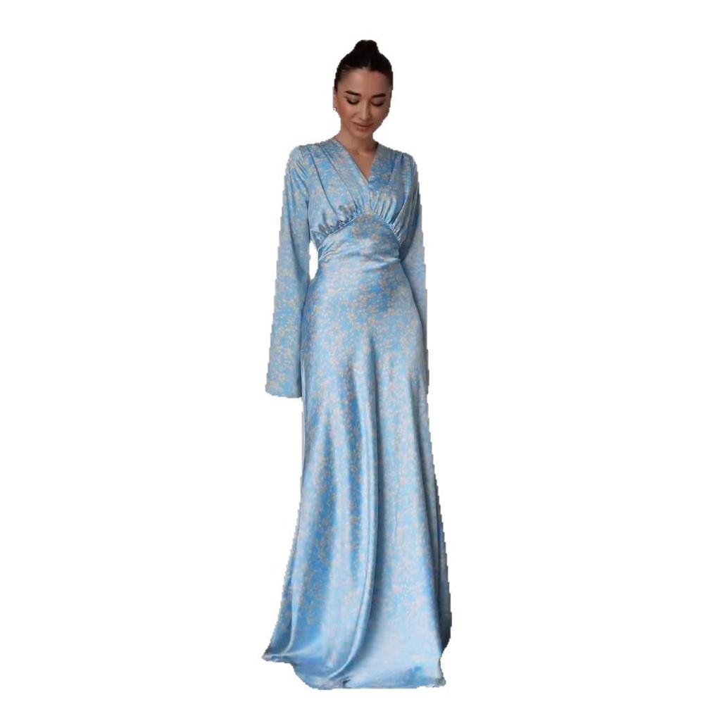 2025 Frühling V-Ausschnitt Blumenmuster Taillenbetonendes Langes Kleid für Damen