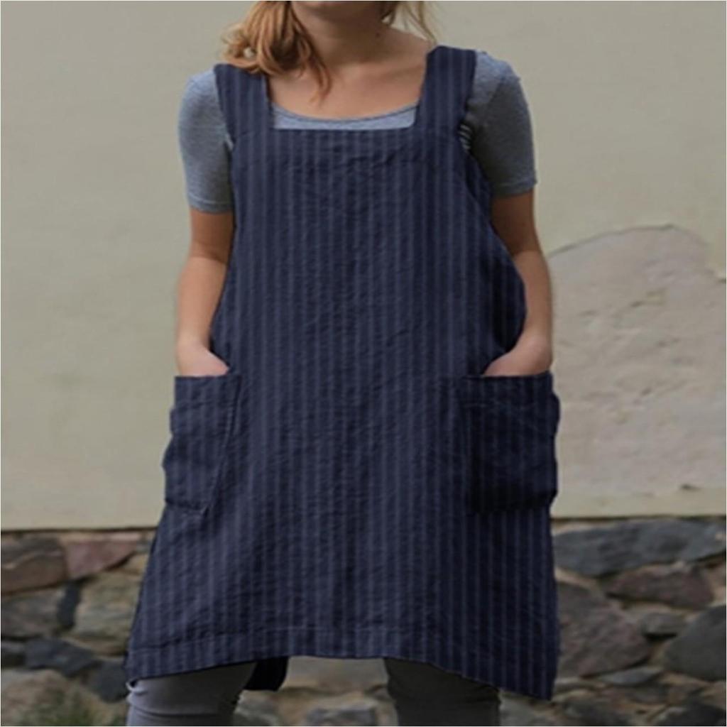 2024 Exclusive Striped Pocket Cotton-Linen Bib Apron Dress