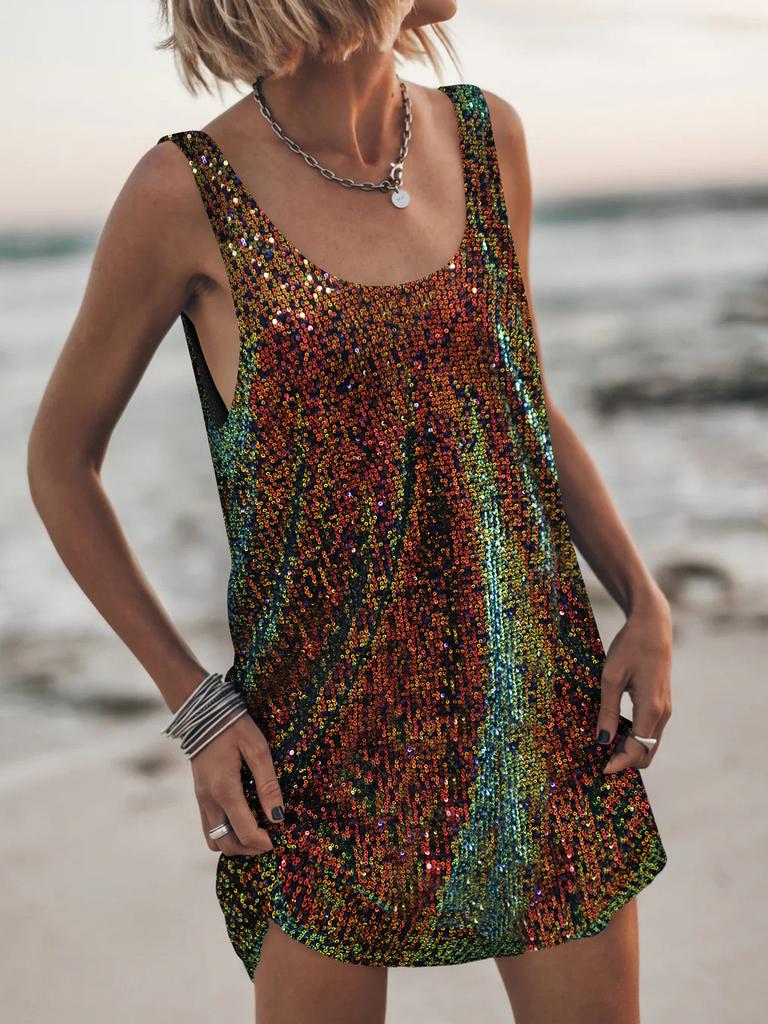Losse Jurk Met Pailletten, U-hals, Mouwloos, Hoge Taille, Voor Casual En Feestelijke Gelegenheden