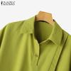 ZANZEA Damen Sommer Casual Shirt Kragen Halbarm Lose Diagonal Knopf Einfarbig Blusen