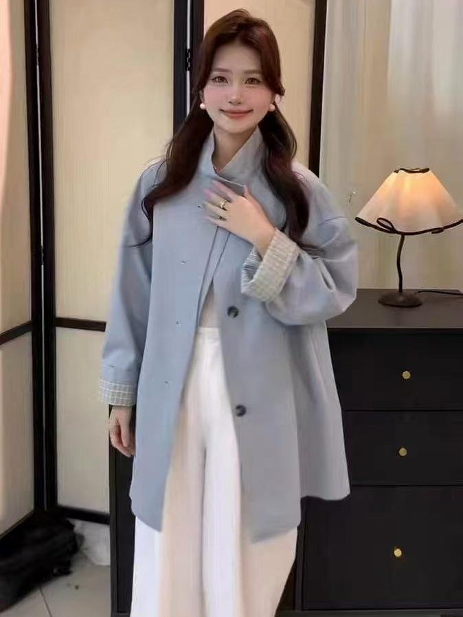 

Весеннее корейское приталенное тренч-пальто средней длины 2025 - Женская классическая верхняя одежда в британском стиле Medium светло-синий