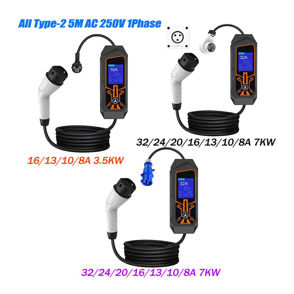 Type 2 EV Charger 250V With BTWIFI APP Control Fast Charging Portable Electric Vehicle Charger With 5M Cable Portable Electric Vehicle/PHEV 5M Cable