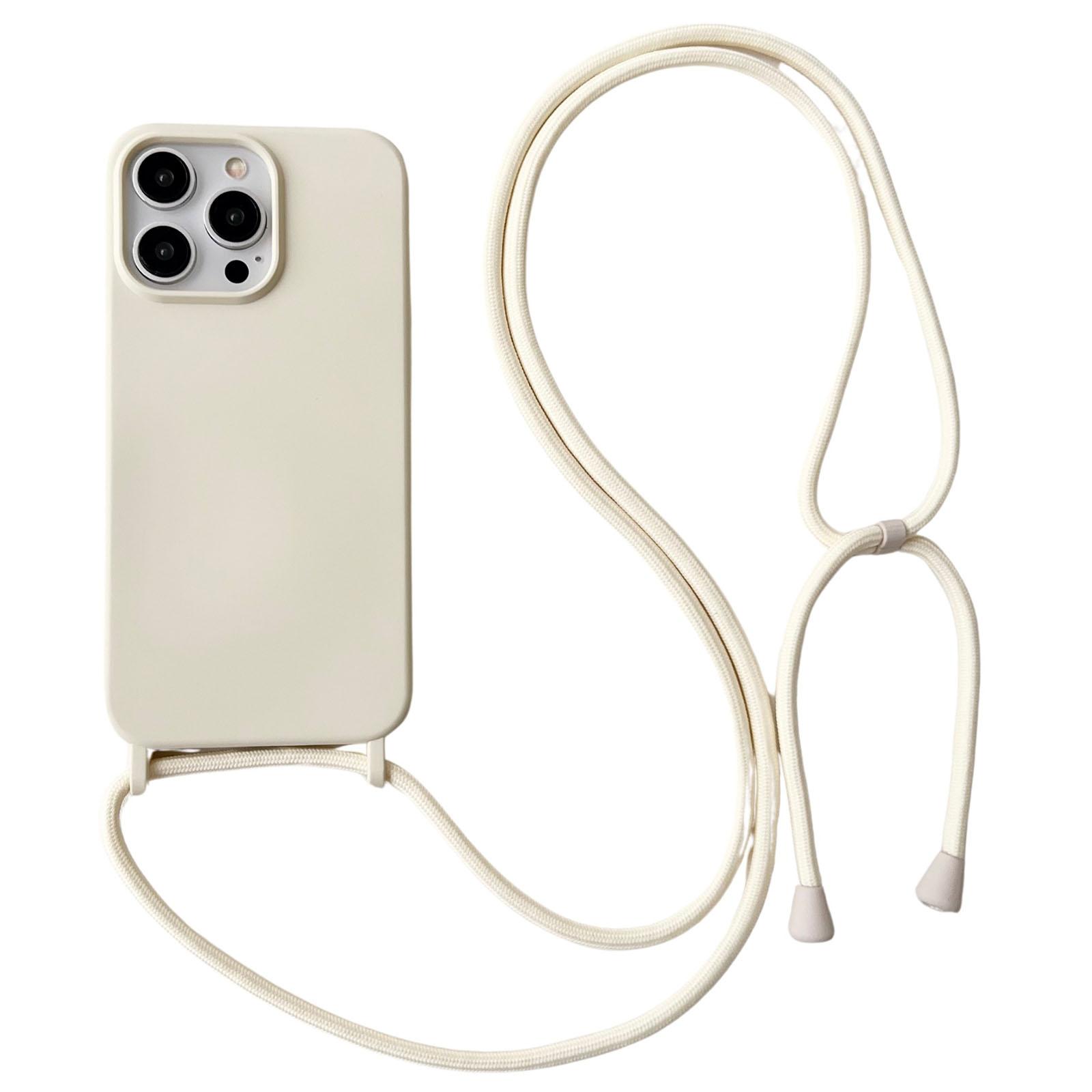 

For iPhone 15 Pro Case Liquid Silicone Anti-Scratch Phone Cover with Adjustable Neck Cord Beige