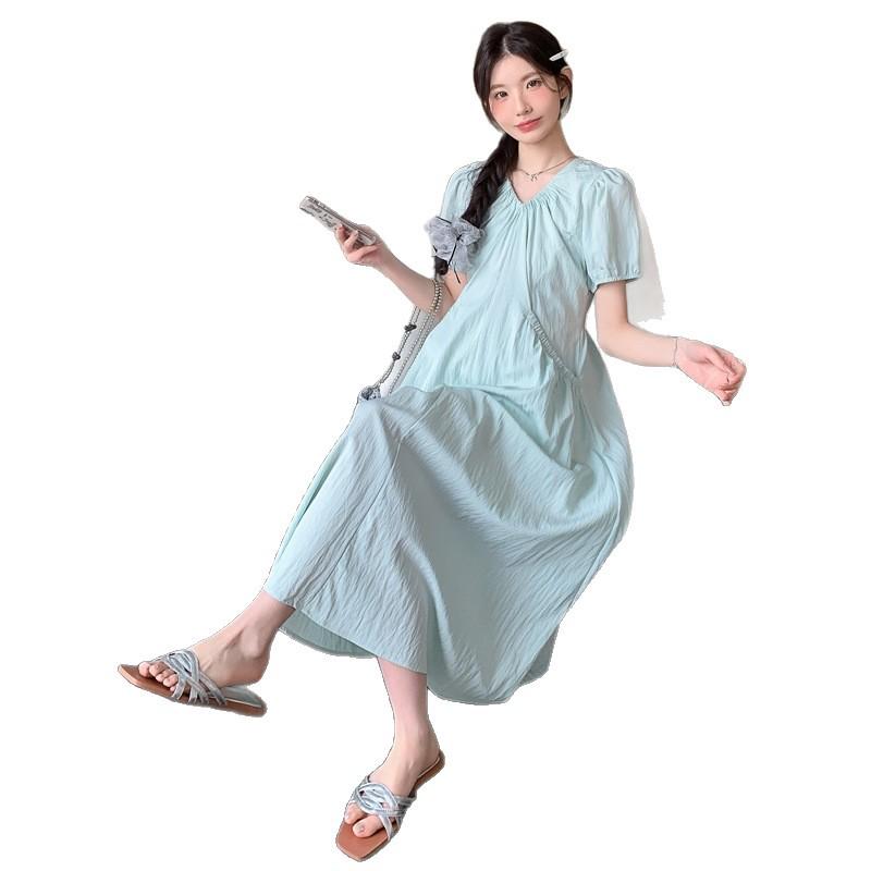 2026 Summer V-Neck Maternity Dress with Puff Sleeves - Slimming Design