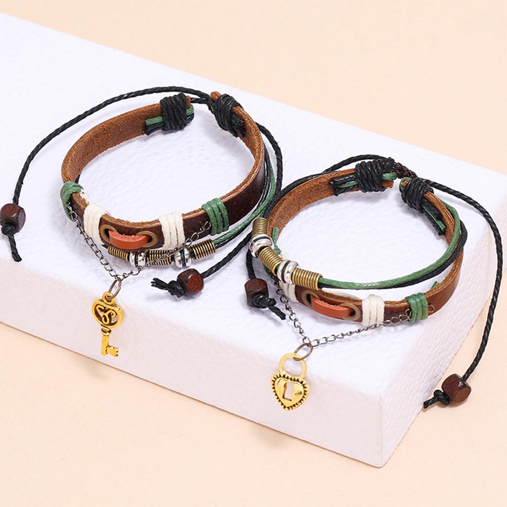 1 Paire Bracelet Couple Cuir Vachette Homme Femme Marron Rétro Réglable Tressé pour Rendez-vous Fête