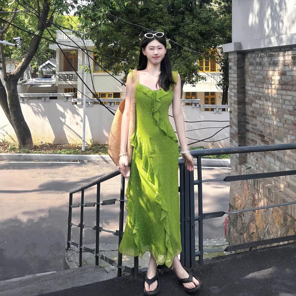 2026 new summer new lotus leaf edge green floral suspender dress women's summer Sanya seaside slim dress
