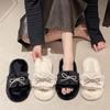 Aphixta 2025 Novo Doce Quente Inverno Chinelos Peludos Mulher Chinelos de Interior Sapatos Cristal Nó de Borboleta Dec Salto Baixo Cabelo Slides