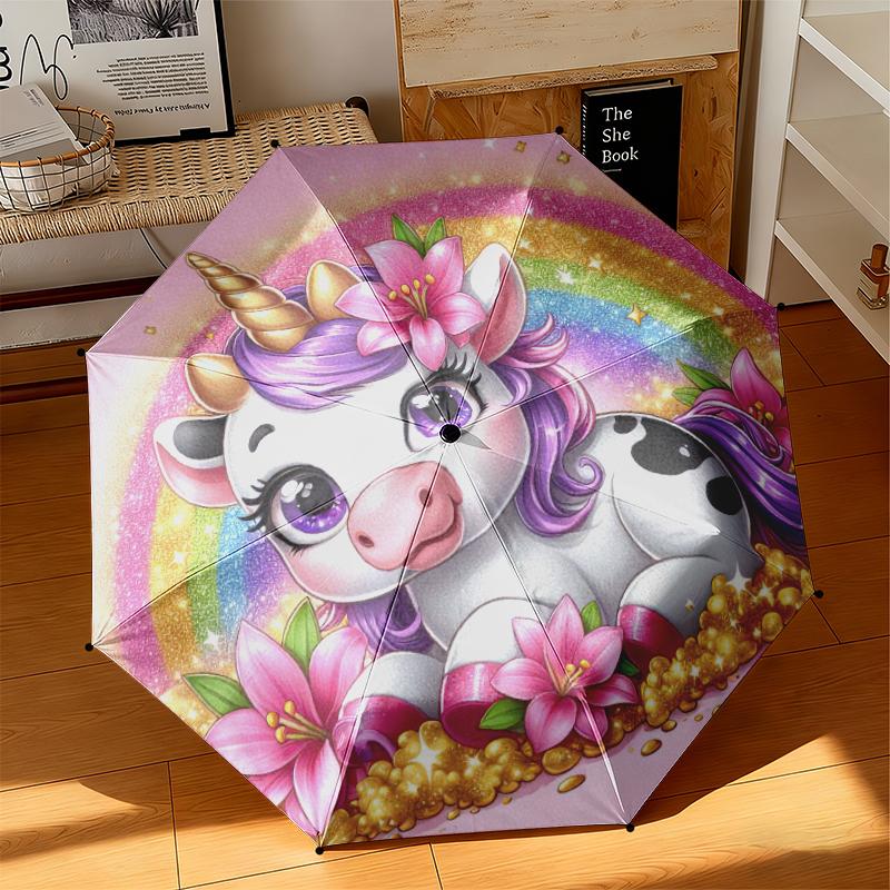 1pc Cartoon cute fantasy unicorn Umbrella Portable Folding Umbrella Iron Frame Hole Bone Structure Outdoor Home Umbrella