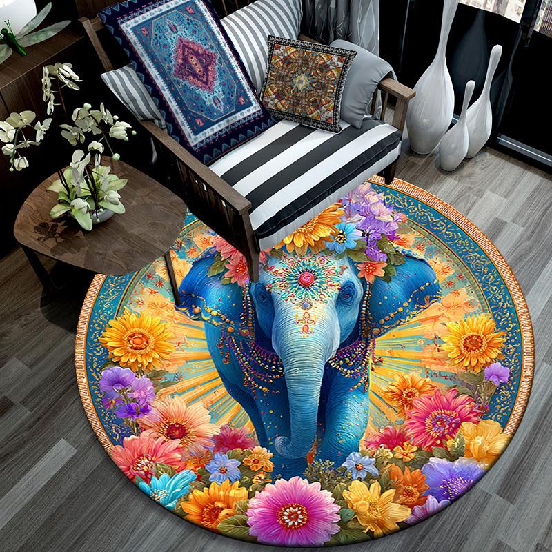 Elephant Round Area Rug,Carpet Rug for Living Room Bedroom Sofa Playroom Decor,Non-slip Floor Mat