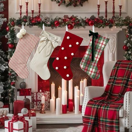 Christmas Stockings With Hanger Bowknot Plush Balls Decor Striped Print Candy Holder
