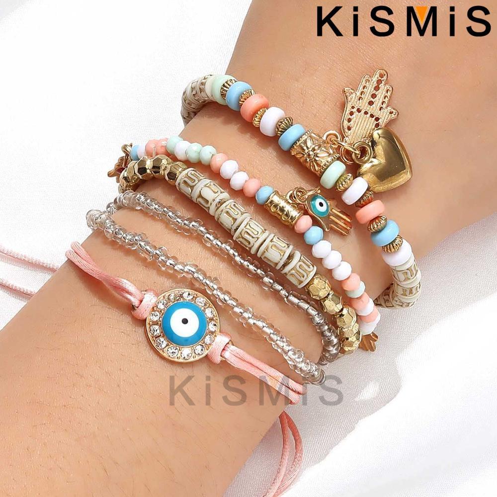 6Pcs Bohemian Stretch Beaded Bracelets Multi Layer Evil Eye Hand Bracelet Stackable Handmade Jewelry Accessories