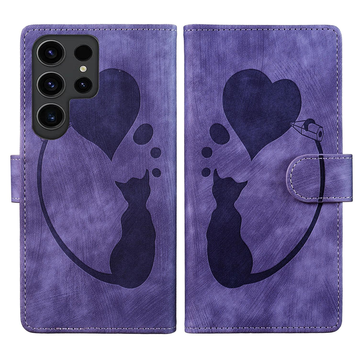 

For Samsung Galaxy S23 Ultra Phone Case Cute Cat Imprint PU Leather Wallet Cover Purple