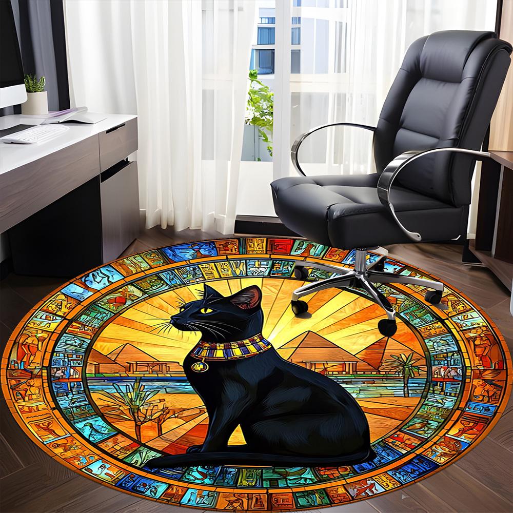 1 Stück Ägyptische Katze Büro Runder Teppich, Indoor-Matte Geeignet für Büro, Unter Bürostühlen Schlafzimmer Wohnzimmer Heimdekoration, Raumdeko
