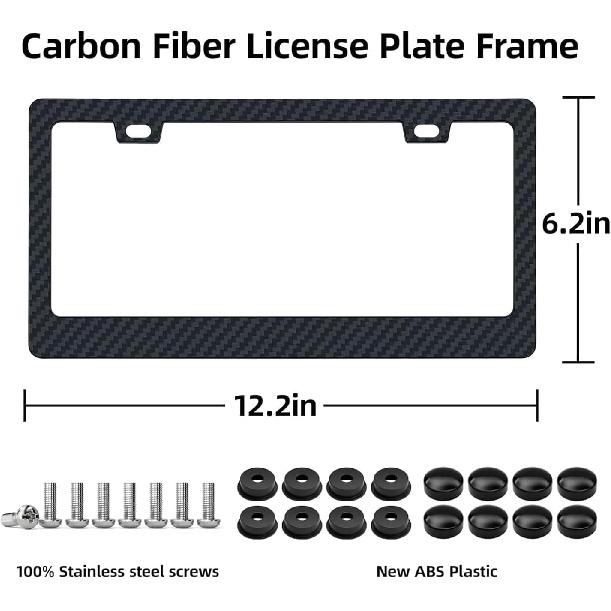 EWBN Carbon Fiber License Plate Frame,2 Pack Black License Plate Frames with Screws & Caps,Classic Carbon Fiber Design Car Black License Plate