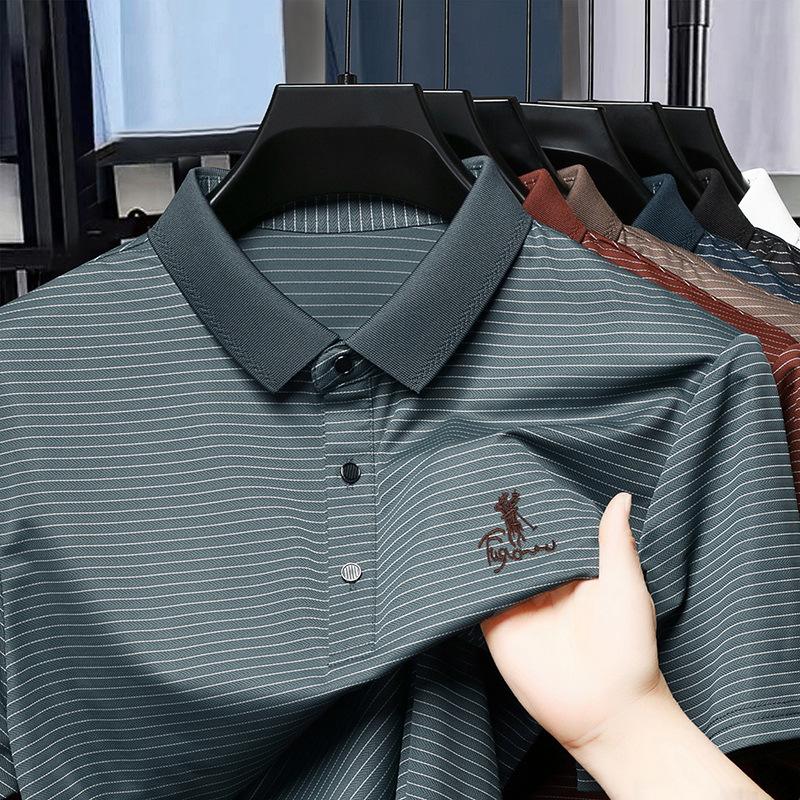 Machine Washable Men'S Ice Silk Seamless Short-Sleeved T-Shirt Business Casual Lapel Striped Polo Shirt